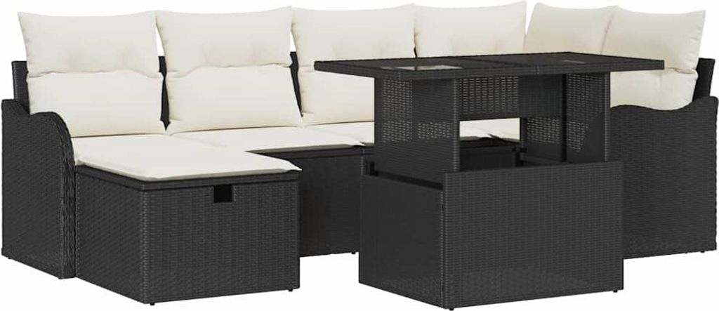 vidaXL Garten-Sofa-Set mit Kissen 7 pcs Schwarz Poly Rattan