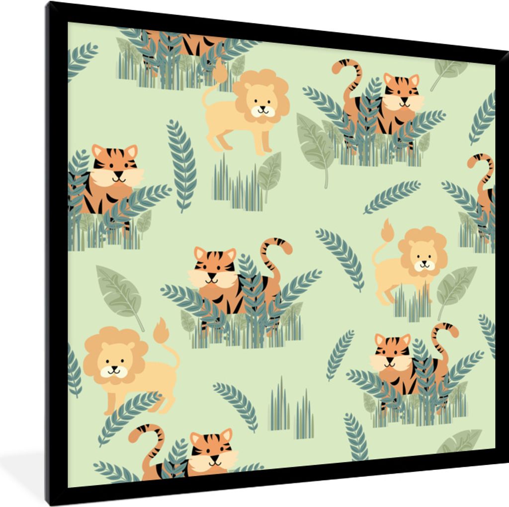MuchoWow MuchoWow Gerahmtes Poster Illustriertes Muster von Safaritieren 40x40 cm - Poster mit zchwarzem Bilderrahmen - Mit Rahmen - Wanddekora...