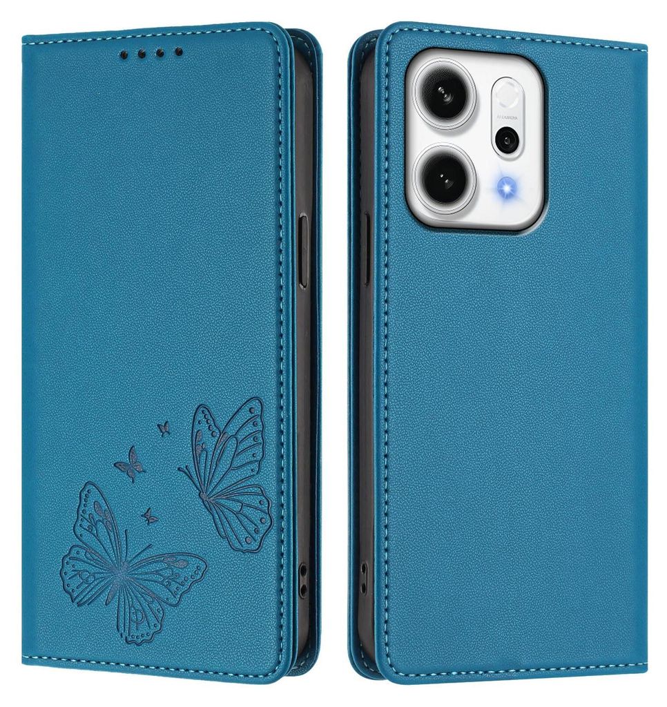 Lederhülle für Oppo Reno14 /Reno14 F 5G, Schmetterling Prägung Leder Brieftasche Schutzhülle mit Ständer Blau
