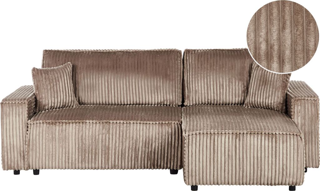BELIANI 2-Sitzer Ecksofa Hellbraun Cord mit Chaiselongue Linksseitig Schlaffunktion Dekokissen L-Form Modern Schlafsofa Wohnzimmer Sitzmöbel