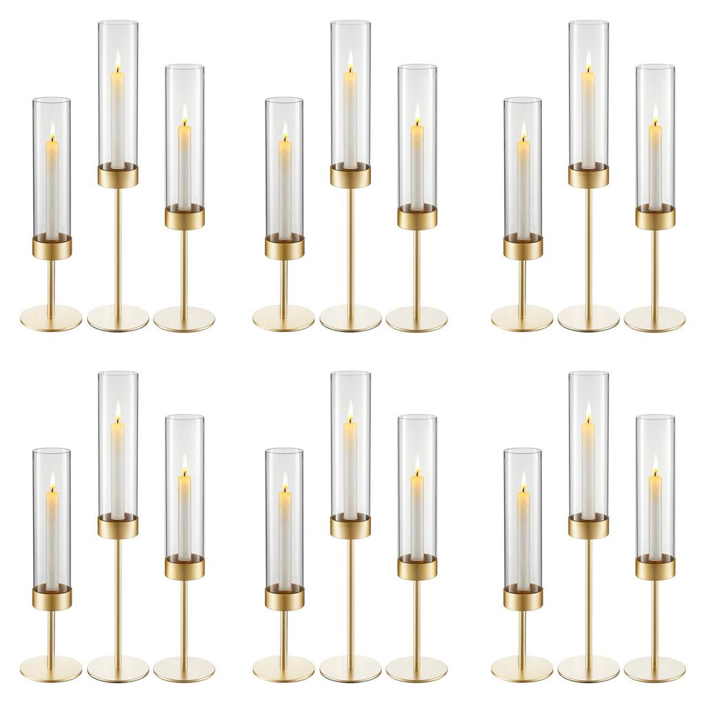 VEVOR 18 Stk. Glaszylinder für Kerzen Set, Hurricane Kerzenhalter 100x475mm, Bodenlose Kerzengläser mit Kerzenständer aus Metall, Windfeste Kerz...