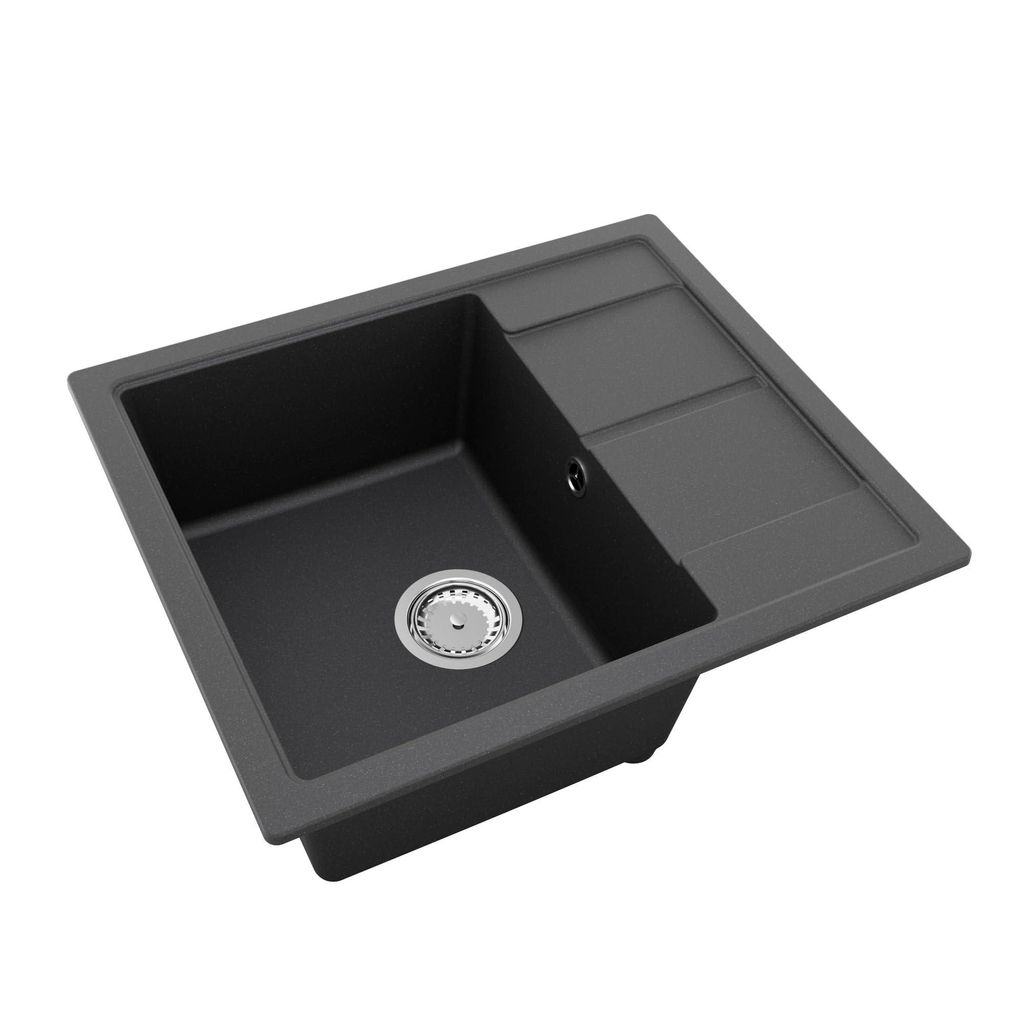 GRANMASTER Horizon Granitspüle 1 Becken mit Siphon, Spüle Arbeitsplatte Küchenspüle mit Wasserhahn, Spüle mit Abtropffläche aus Granit, Schwa...