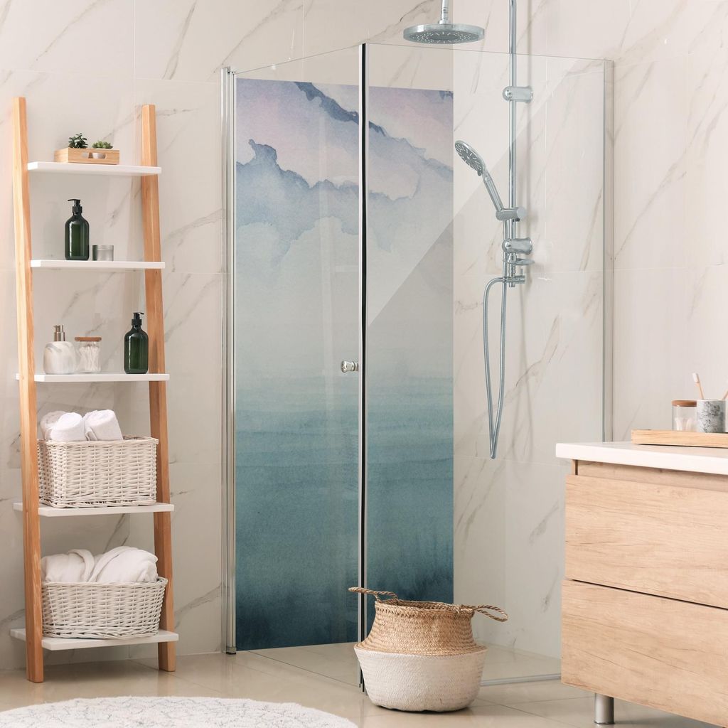 Duschrückwand Strand selbstklebend - 0.61 mm Wandpaneel wasserfest Meerblick türkis Abstrakt Badrückwand fugenlos Premium matt 80x190 cm