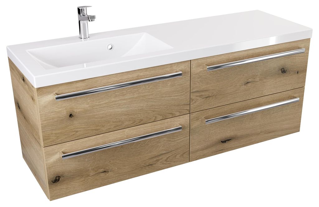 ATHD Wandhängender Waschtischunterschrank mit Waschbecken 120 cm S Links - Evoke Matt Eiche - Chromgriffe