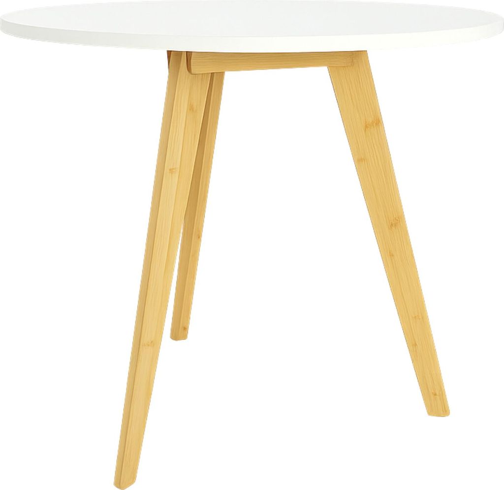 A round white table with three wooden legs against a white background.