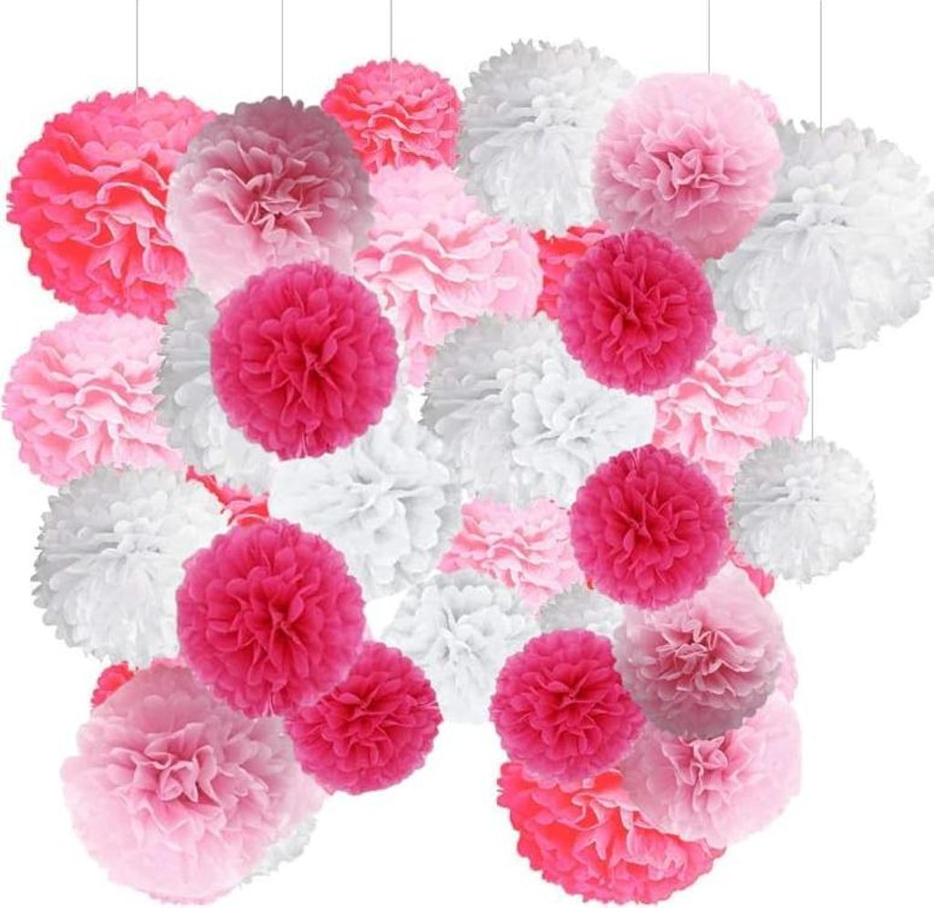 Hochzeitsdekorationen - Pompons 12 Stück - rosa Seidenpapier - Papiergirlande - runde Papierblume - Seidenpapierblumen - für Geburtstag - Brautpa...