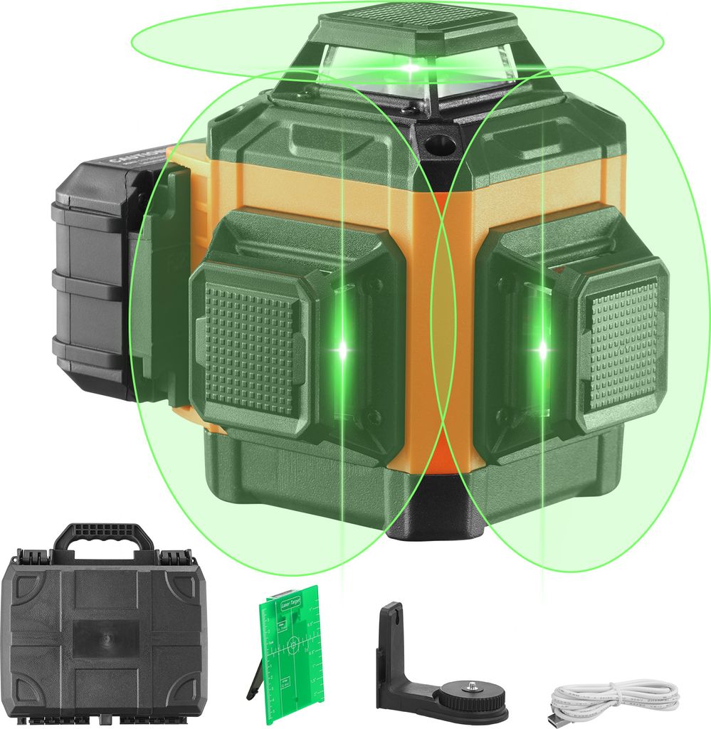 A laser level tool and its accessories are displayed against a white background.