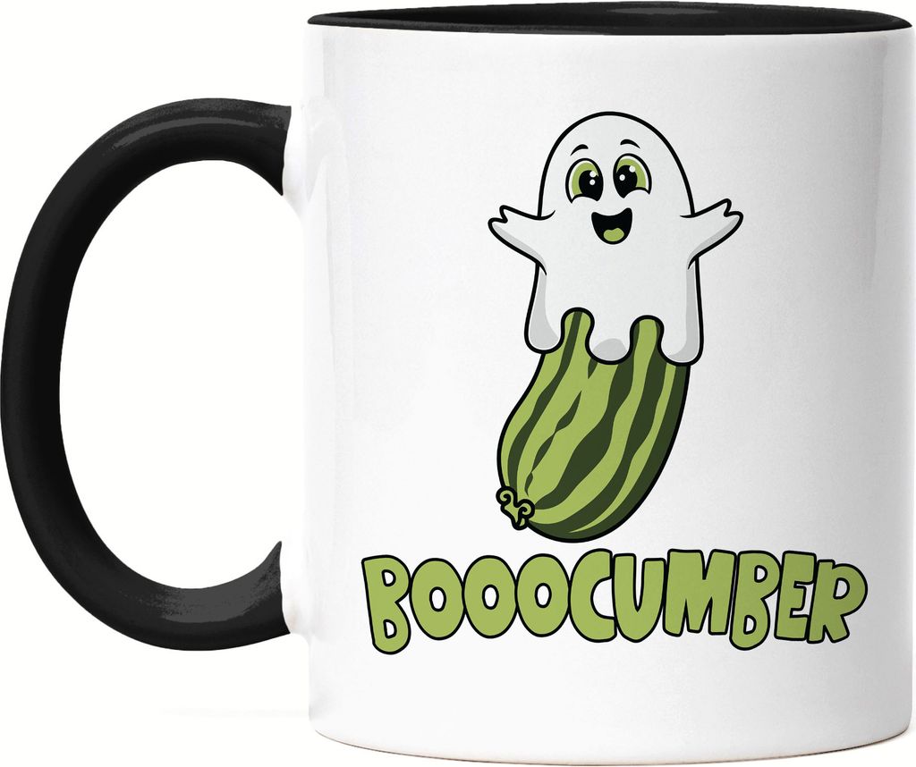 Booocumber Gurkenmotiv Tasse Schwarz Geschenkidee Halloween Geist Gemüse
