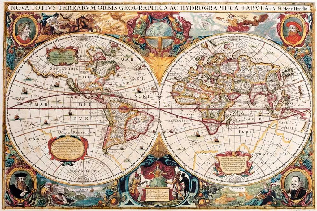 Poster Carte du Monde Vintage et Suspension en Bois Noir de 92cm