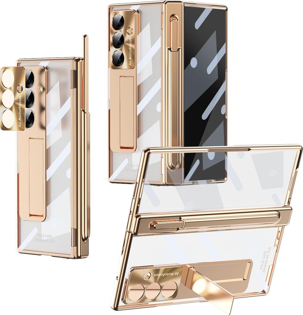 Hülle für Samsung Galaxy Z Fold 7 Magnetscharnier, Ständer, Stifthalter, Schutzhülle mit Linsenfolie, Bildschirmfolie Gold
