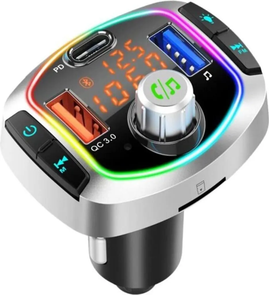 Trasmettitore FM Bluetooth INF: Luci LED RGB e Ricarica USB-C per Auto