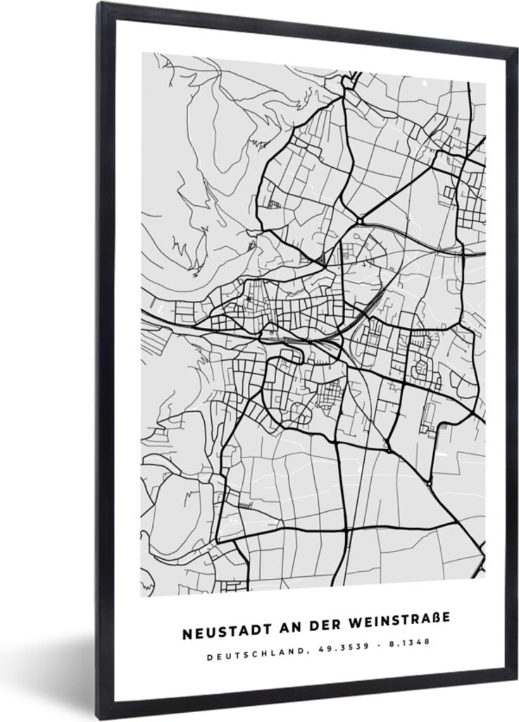 MuchoWow Gerahmtes Poster Karte - Deutschland - Neustadt An Der Weinstraẞe - Karte - Stadtplan 60x90 cm - Poster mit Schwarzem Bilderrahmen Wan...