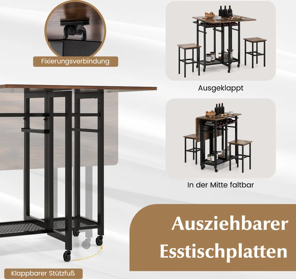 Table de Cuisine Pliable avec 2 Tabourets et Casier à Vin Intégré Noir
