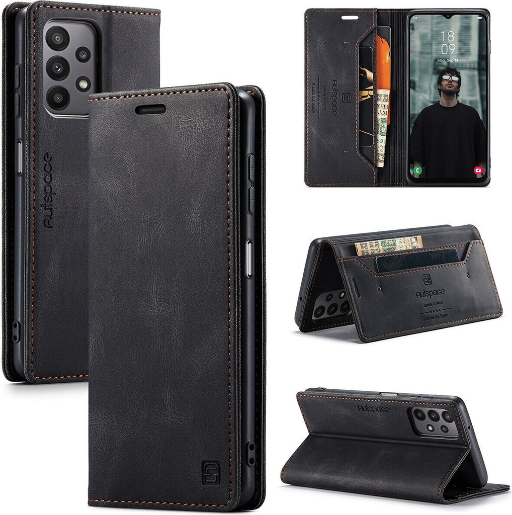 Galaxy A23 4G Brieftasche Hülle, Retro Kunstledertasche Stand Schutzhülle für Samsung Galaxy A23 4G Schwarz