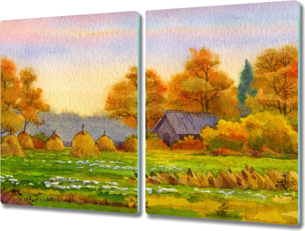 Coloray Kochplattenabdeckung Herdabdeckplatte 2x40x52 cm Hackbrett Schneidebrett Küchenbrett - Gemälde Herbst Dorf