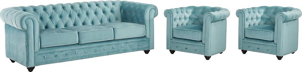 CHESTERFIELD 3-Sitzer Sofa und 2 Sessel - Pastellblauer Velours