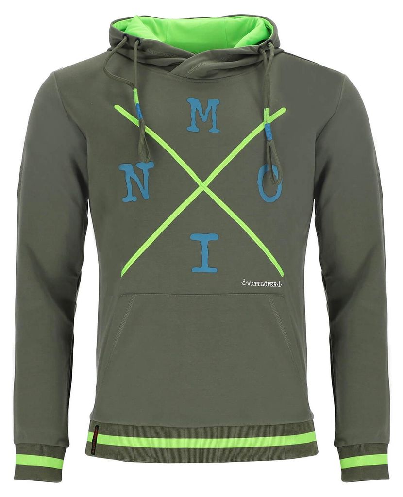 Wattlöper Herren Sweathoody mit Schriftzug "Moin" - Pullover mit Kapuze mit 3-farbigen Bändern in Dunkelgrün Größe XXL