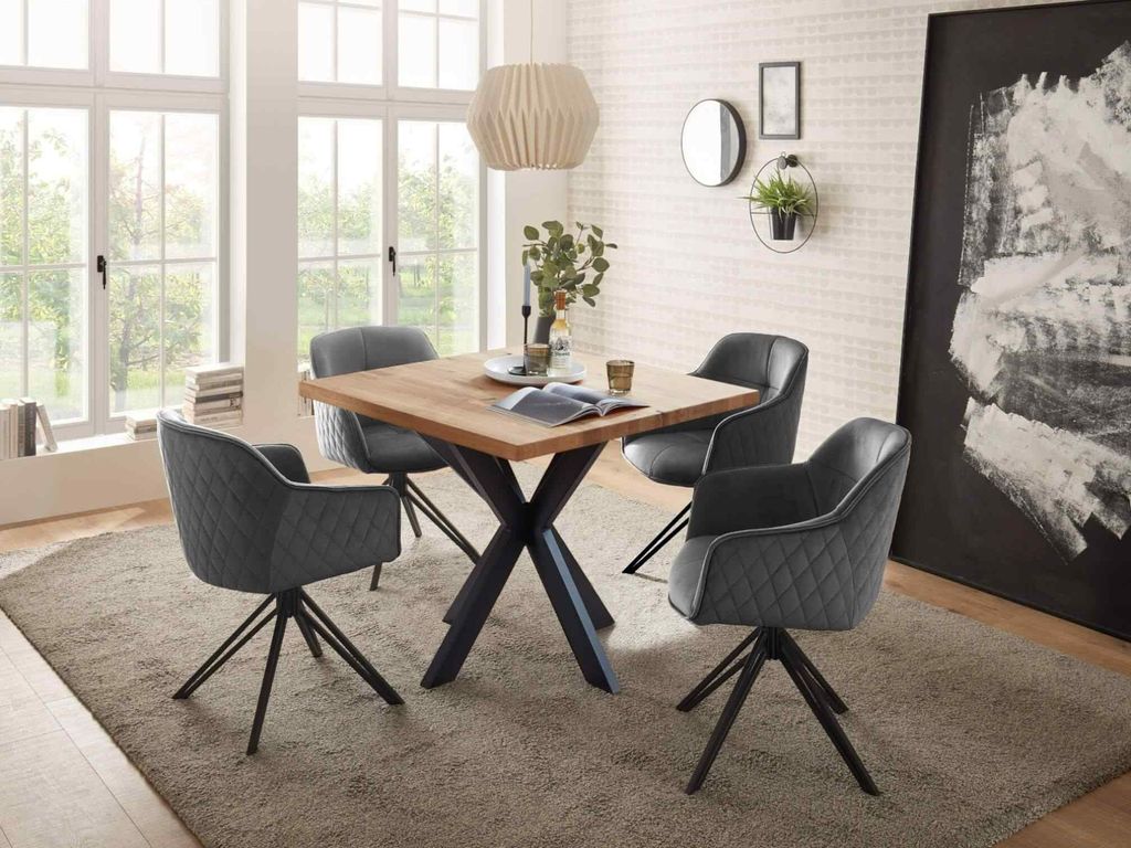 Essgruppe MIRI Eiche Massivholz, 4 Stühle in grau + Esstisch (BxHxT) 100x76x100 cm
