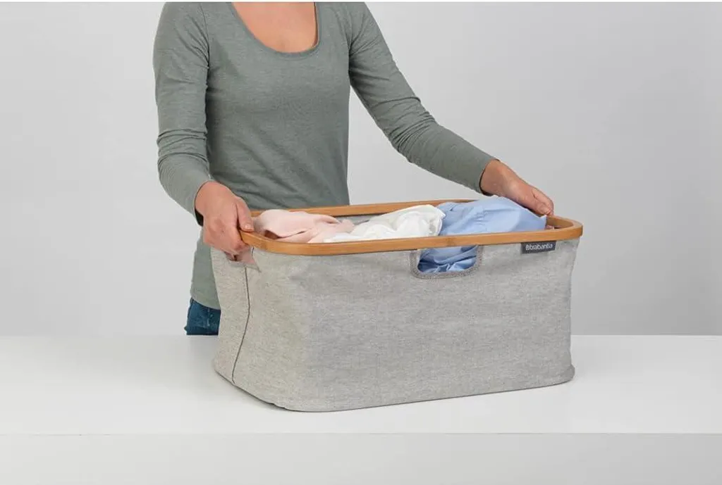 Panier à linge pliable 40L design Bambou - Structure rigide et textile Gris - 2