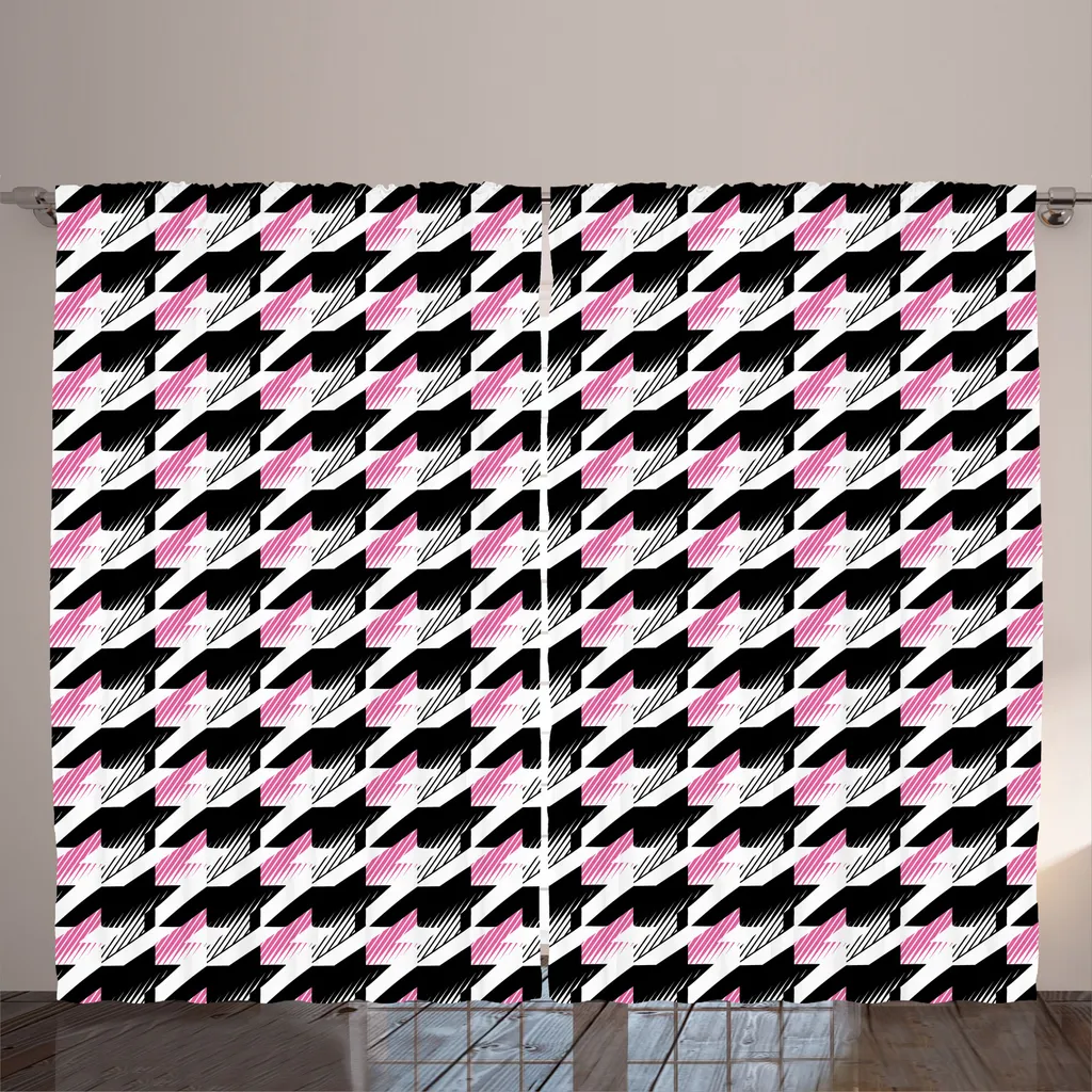 ABAKUHAUS Rideau Géométrique Pied-de-Poule Noir Rose Blanc 280x225 cm
