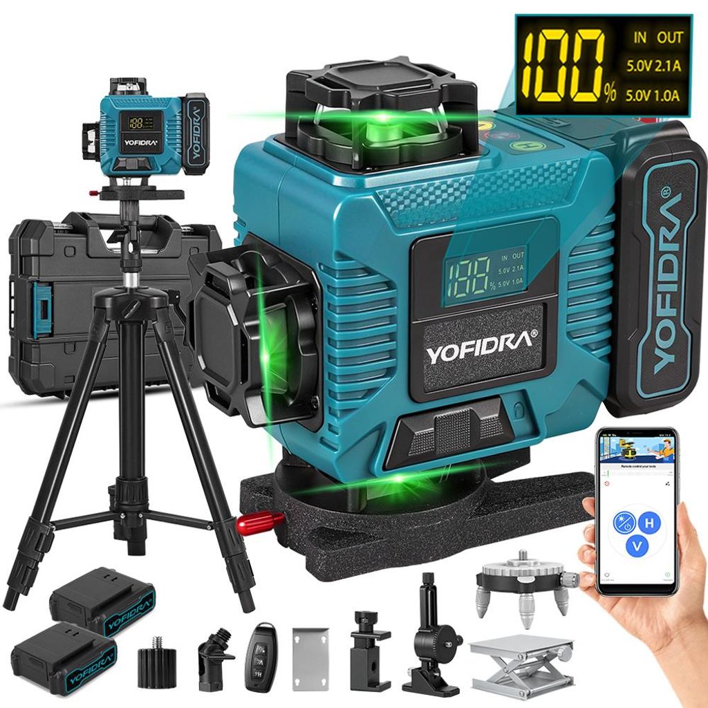4D 16 Linien Laserlevel mit Stativ, 360° Grünlaser Kreuzlinienlaser, Fernbedienung und App-Steuerung, präzise für Bau und Renovierung
