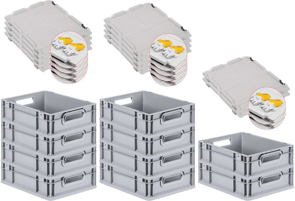 SuperSparSet 10x Eurobox NextGen Economy mit Scharnierdeckel und gelben Schiebeschnappverschlüssen | Griffe offen | HxBxT 12x30x40cm | 11 Liter | ...