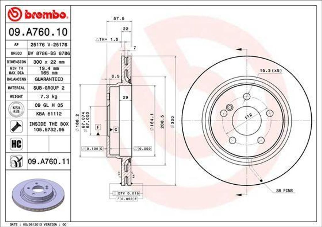 BREMBO 09.A760.11 Bremsscheibe OE 0004231212 kompatibel mit E-Klasse, C-Klasse