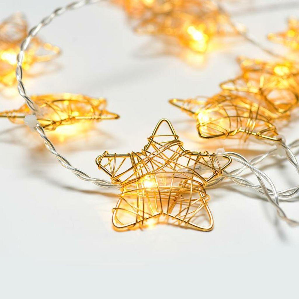 ACA Leuchtende Metallsterne, 10 LED-Dekorationskette (batteriebetrieben, 3xAA), warmweiß, goldfarben, Metall, Schutzart IP20, 135 + 30 cm transpar...