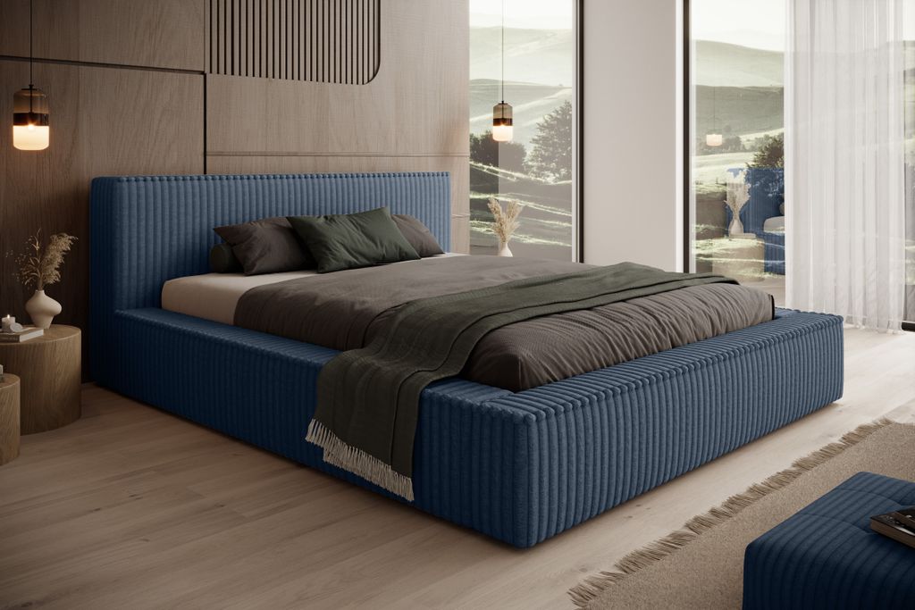 Besilio Möbel - Doppelbett 180x200 Mozna - Bettkasten, breiten Seitenwänden, dicker Polsterung. - Blau & Tilia 77