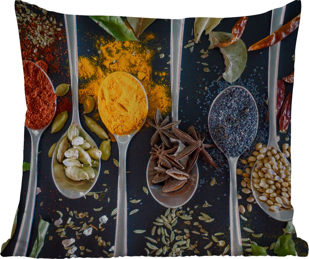 MuchoWow Outdoor Kissen - Löffel - Gewürze - Kräuter - Lebensmittel - Tisch - 50x50 cm - Wetterfest - Lounge Kissen - Komfortabel - Kissen mit...