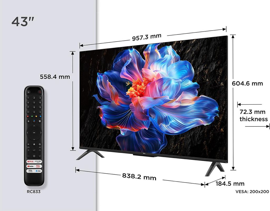 A television with a remote control and dimensions displayed.