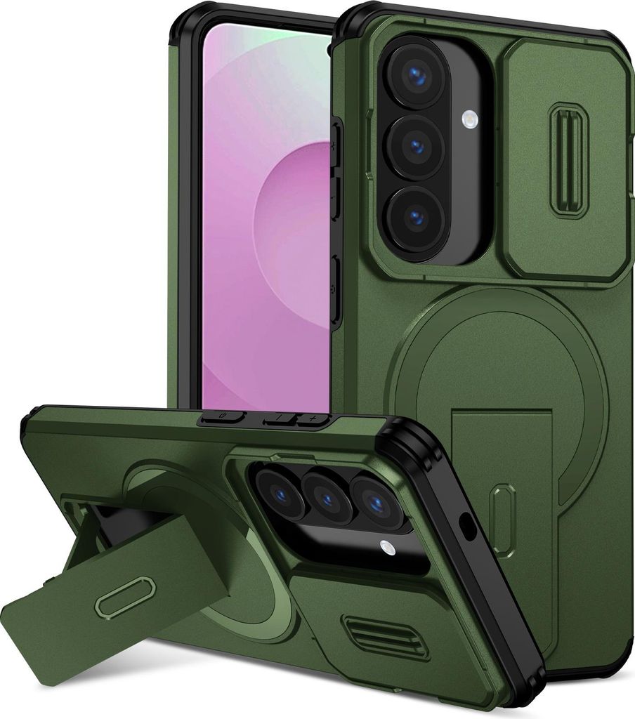 Magnetisch Hülle für Samsung Galaxy S26, Dual Layer Stoßfest Handyhülle mit Dia Kameraschutz, Verstellbarem Ständer Grün