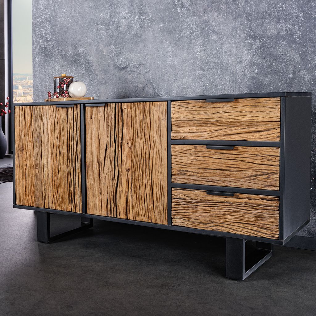 riess-ambiente Massivholz Sideboard BARRACUDA 150cm Teak Mango schwarz Metall recycelt Kommode Anrichte