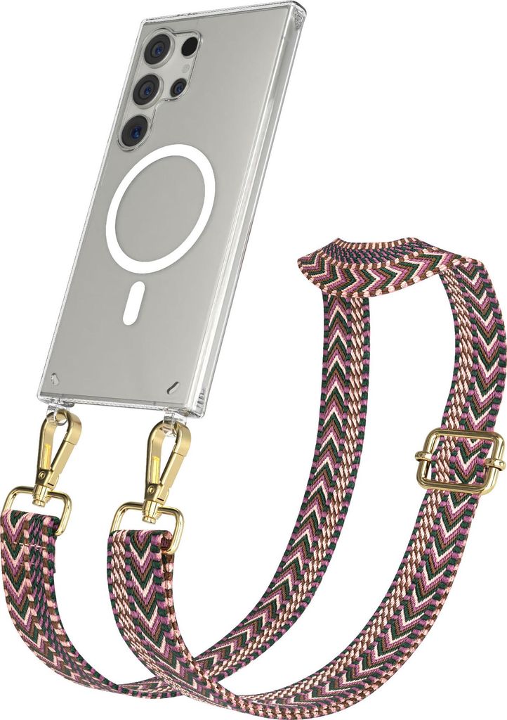 EAZY CASE - Handykette mit MagSafe Hülle für Samsung Galaxy S24 Ultra, Handyband ZigZag Style,Karabiner Gold, Umhängeband in Dunkelrot