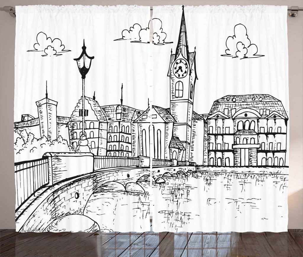 ABAKUHAUS Schweiz Rustikaler Gardine, Sketch Stil Zürich, Schlafzimmer Kräuselband Vorhang mit Schlaufen und Haken, 280 x 225 cm, Charcoal Grau W...