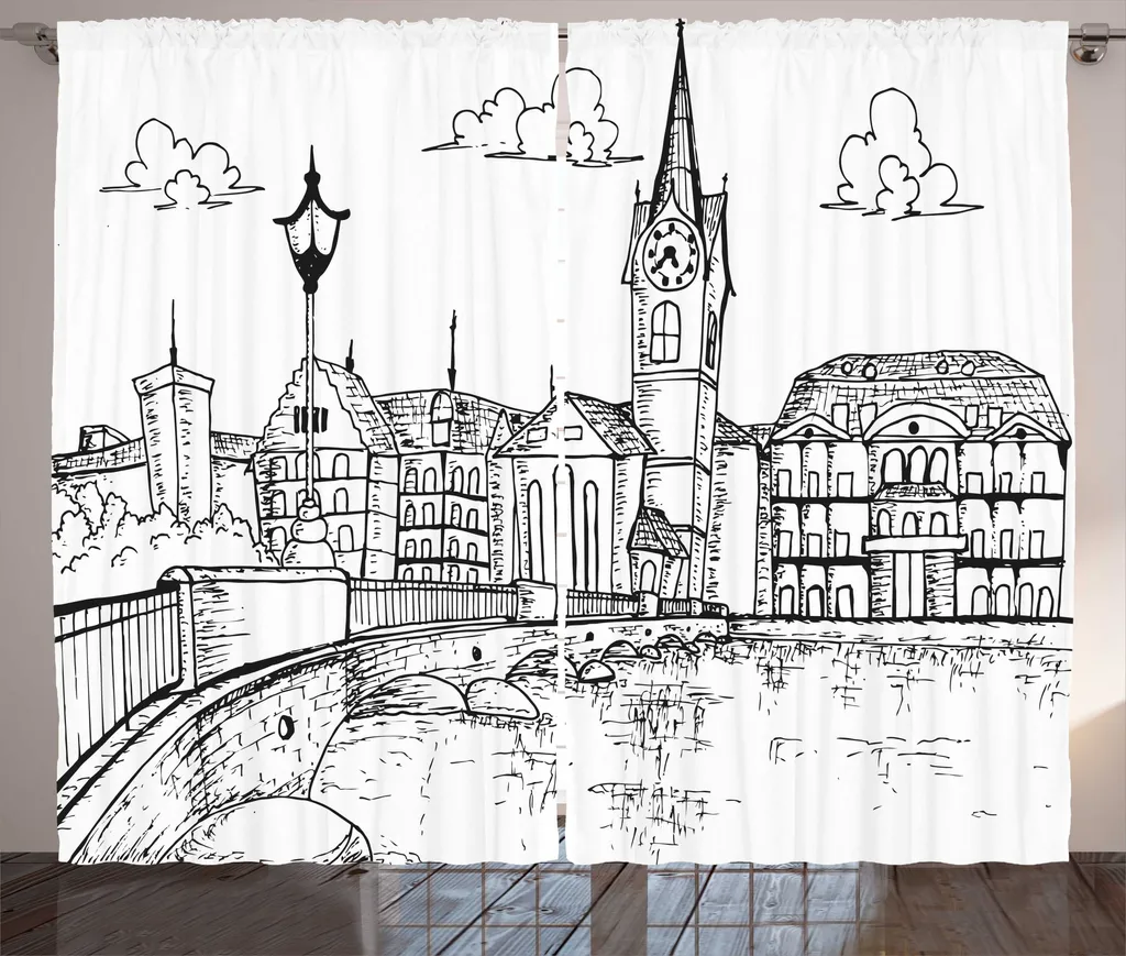 Rideau Motif Sketch Zurich avec Crochets 280x225cm Gris Anthracite Chic