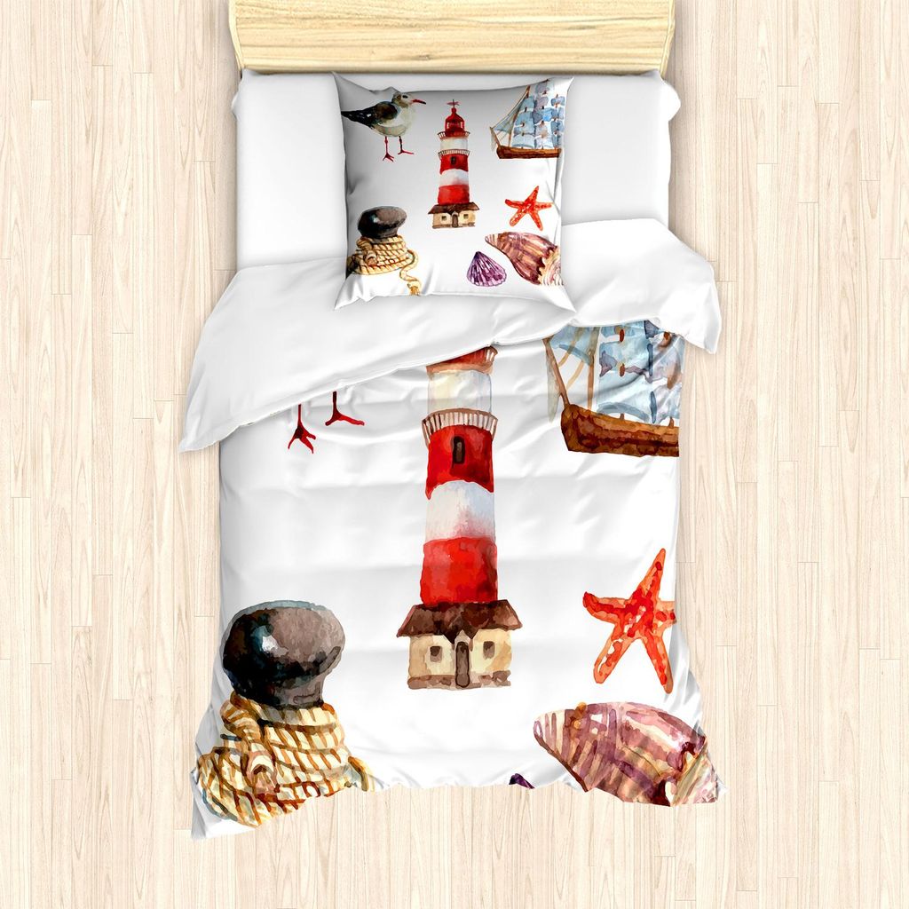 ABAKUHAUS Nautisch Bettbezug Set, Seethom Elemente Seemöwelboot Leuchtturm Shell Starfish Island Aquarell Art, 135 x 200 cm + 80 x 80 cm, Mehrfarbig