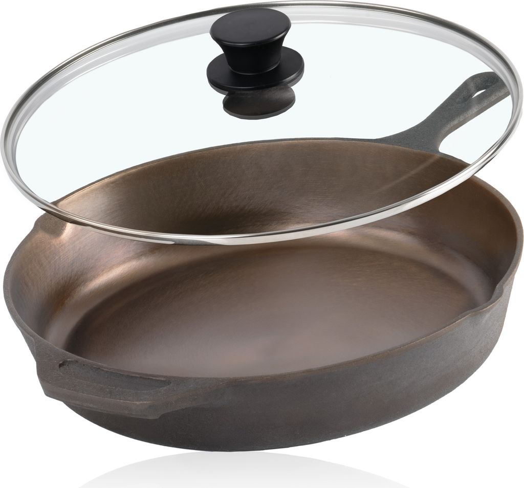 Mahlzeit Polierte Gusseisenpfanne mit Deckel, Ø 29,5 cm, Bratpfanne mit zwei Ausgießern, Gusspfanne