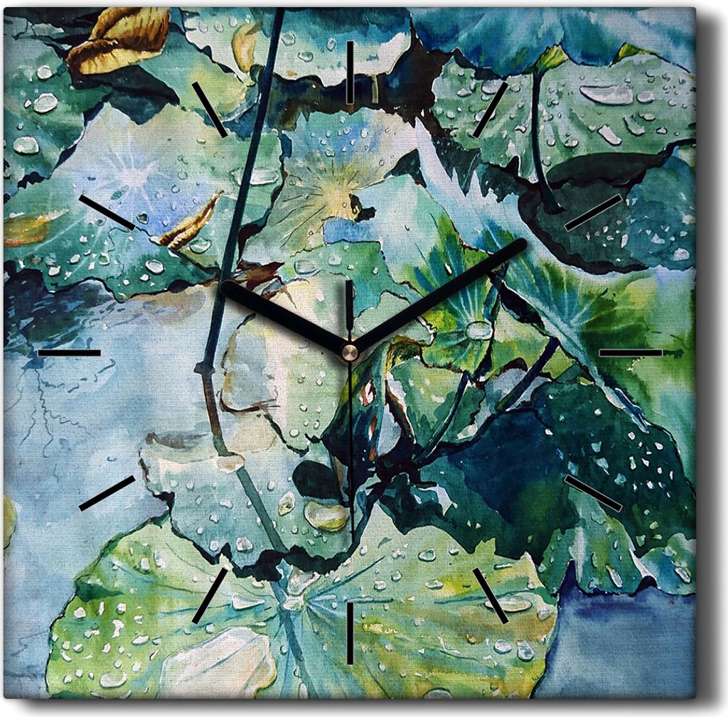 Coloray Hodiny Unikátní 30x30 cm Tiché hodiny Pro obývací pokoj a kuchyň Nástěnné hodiny Plátno Černé ručičky hodin - Listy vody