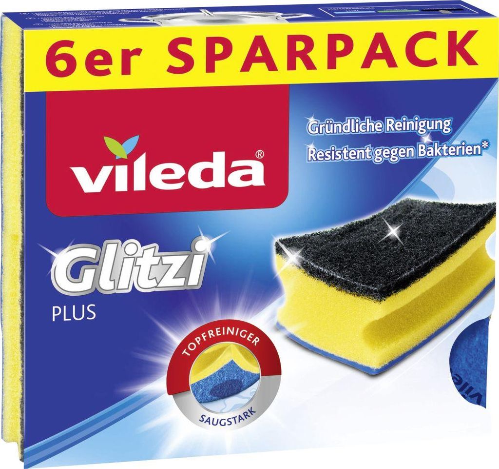 Vileda 10471 Glitzi Topfreiniger mit Tuch- & Scheuerseite, Härtegrad Universal, mehrfarbig (6er Pack)