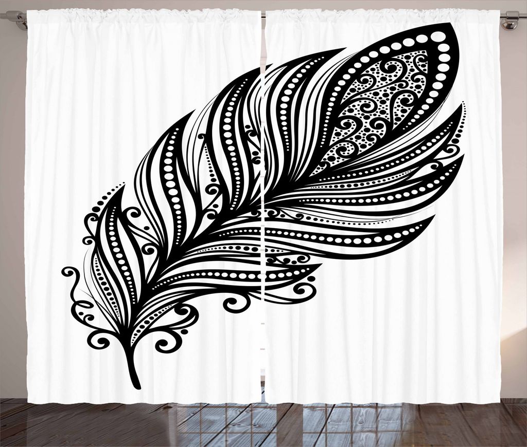 ABAKUHAUS Boho Rustikaler Gardine, Hippie-Art-Motiv, Schlafzimmer Kräuselband Vorhang mit Schlaufen und Haken, 280 x 245 cm, Weiß Schwarz