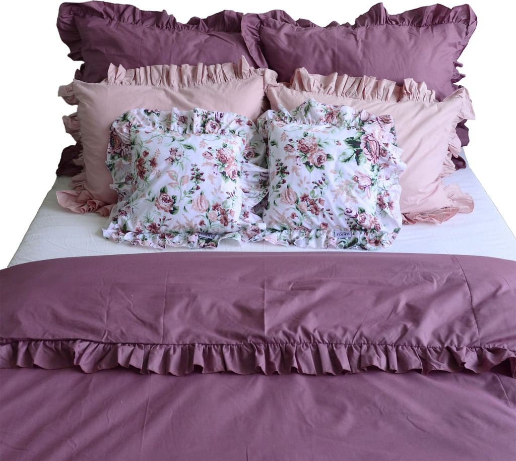 Baumwolle Bettwäsche Mit Rüschen Set Schlafzimmer Bettdeckenbezug 160X200 Cm + 6 Kissenbezüge Schmutziges Rosa Blumen