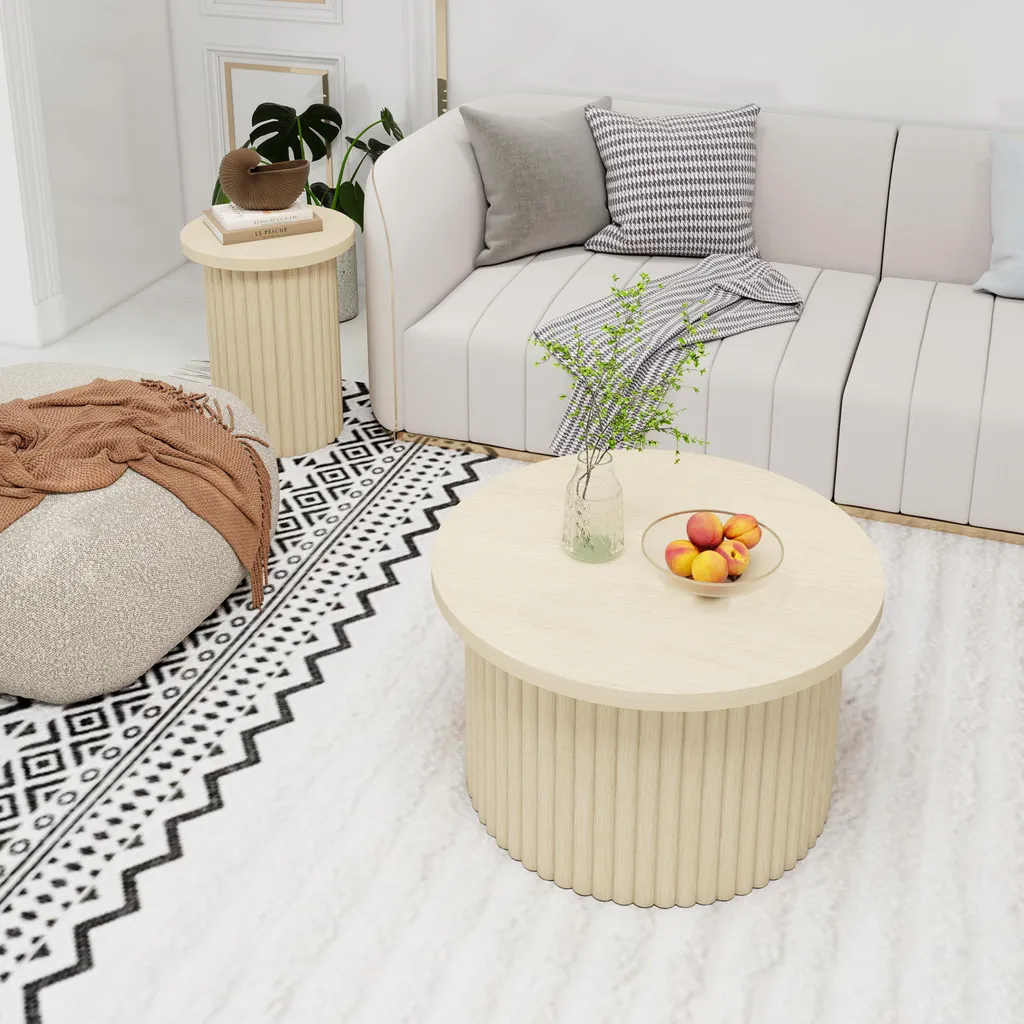 Table Ronde Design Vagues en Bois Naturel 2 Pièces pour Déco Scandinave
