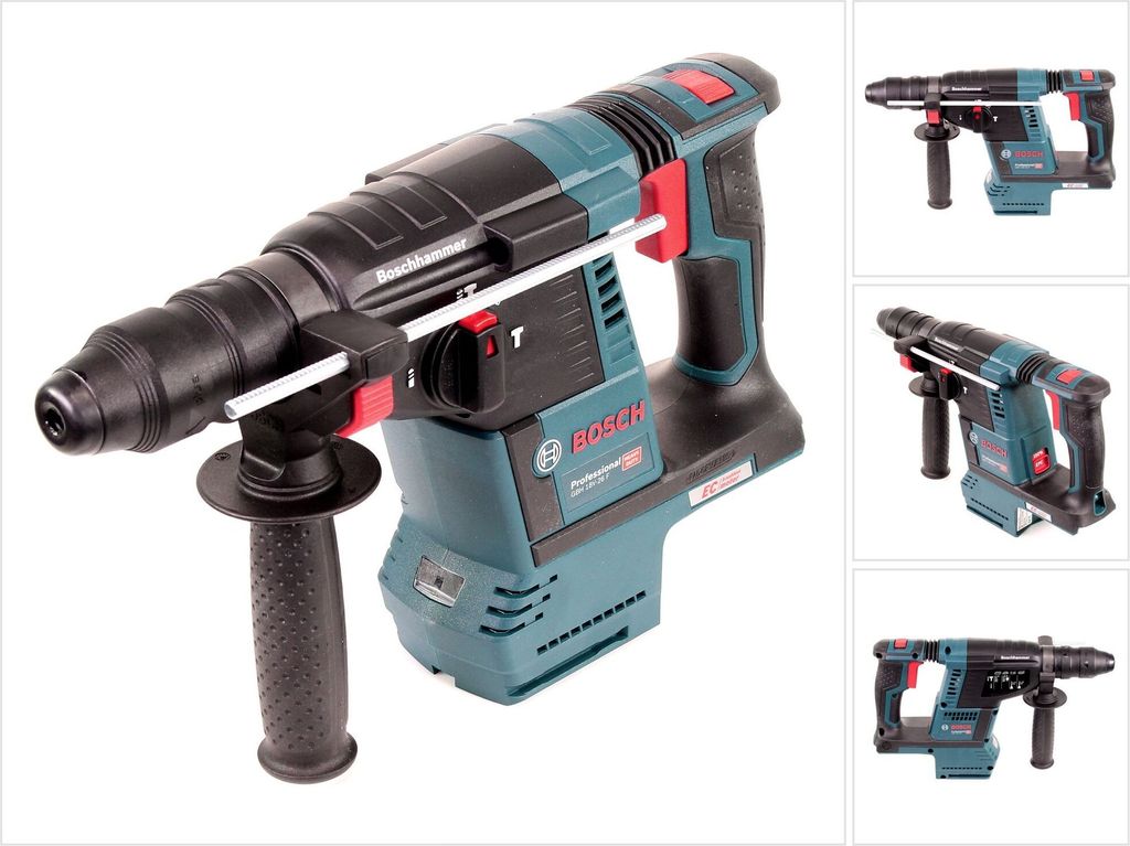 A collage of images showing a Bosch rotary hammer drill from different angles.