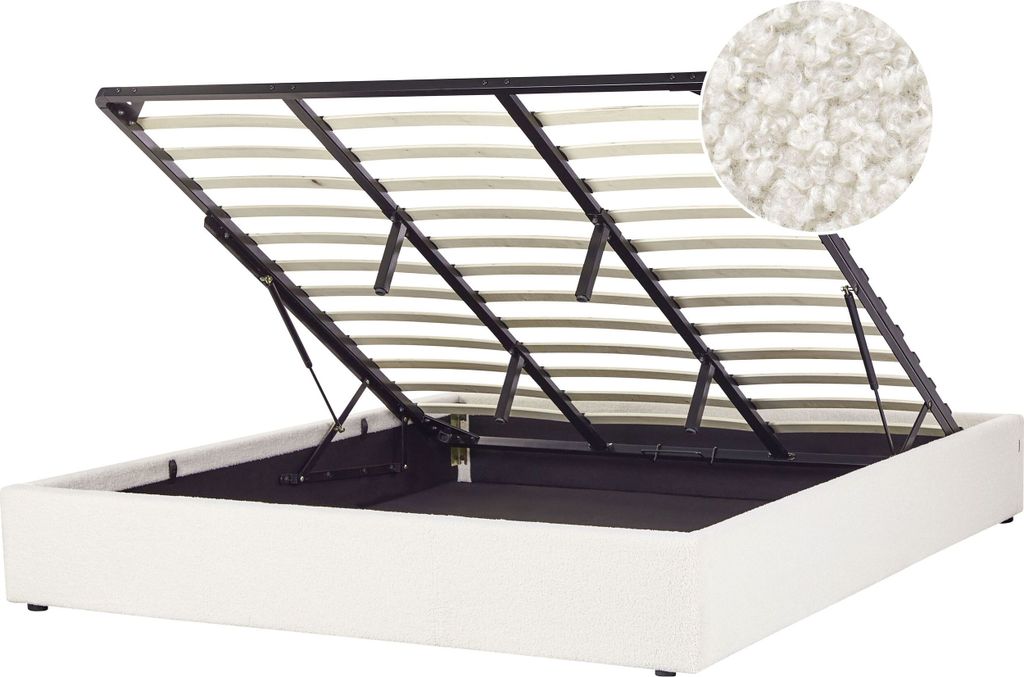 BELIANI Polsterbett Cremeweiß Bouclé Stoffbezug mit Lattenrost 180 x 200 cm Hochklappbar Bettkasten Skandi Modern Doppelbett Schlafzimmer Ausstat...