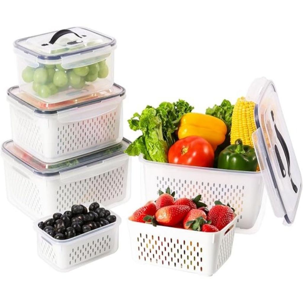 8er-Set Kühlschrank Organizer mit Abtropfkorb, Obstkorb stapelbar, Frischhaltedosen 4 Größen 0,8-4,15L, BPA-frei, Mikrowellenfest, Transparent, ...