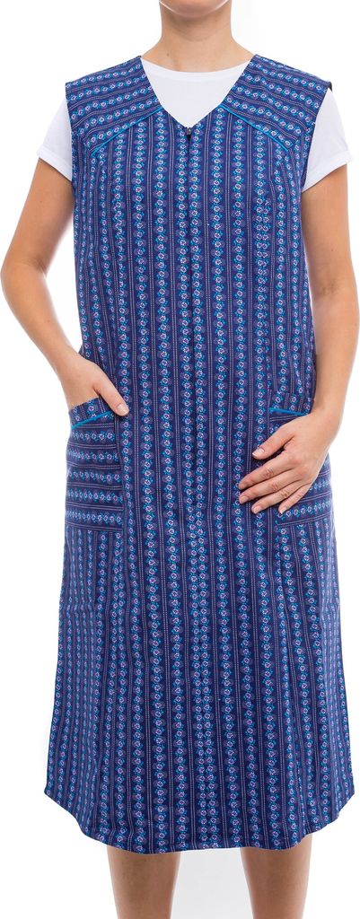 Tobeni Damen Kittelschürze lang mit Reissverschluss und Taschen ohne Arm 100% Baumwolle, Farbe:Design 34, Grösse:48