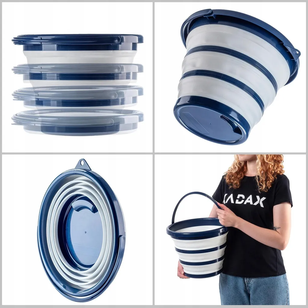 Seau pliable en silicone de 10L gris et bleu idéal pour le camping