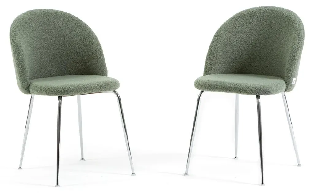 Lot de 2 chaises SARA en tissu Teddy vert sauge et pieds métal argent
