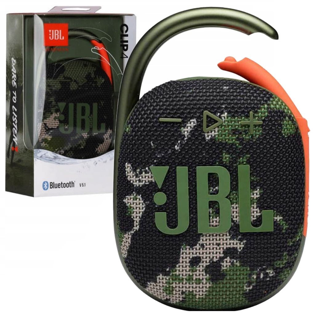 A JBL Clip 4 portable Bluetooth speaker in a camouflage pattern, shown with its packaging.